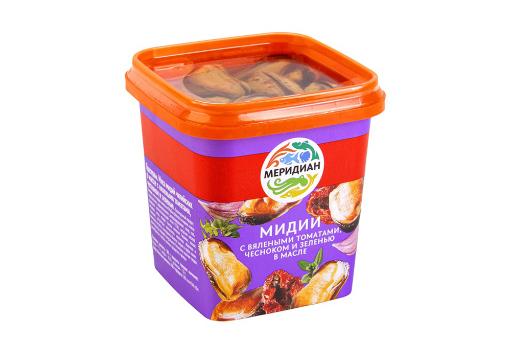Мидии Меридиан в масле вялеными томатами /чеснок/зелень 270г