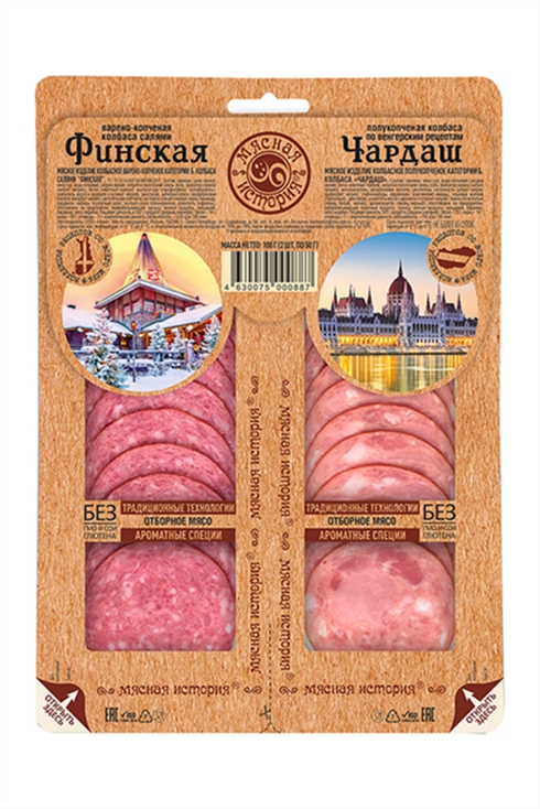 Колбаса Мясная история Салями Финская варено-копченая/Чардаш полукопченая 100г микс