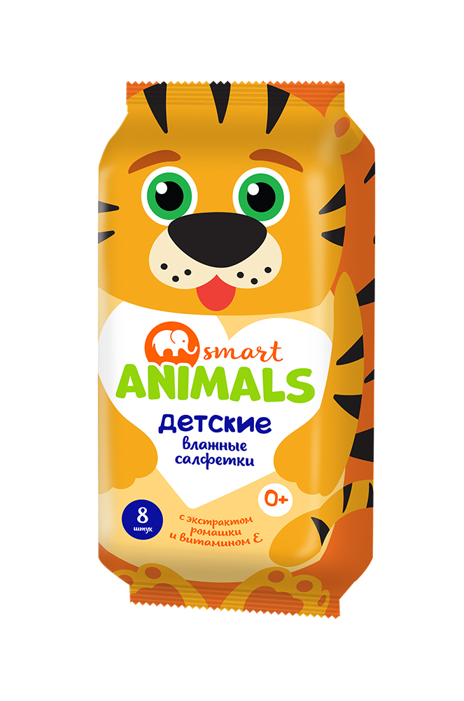 Салфетки влажные Смарт Энимал 8шт с ромашкой и витамин Е микс