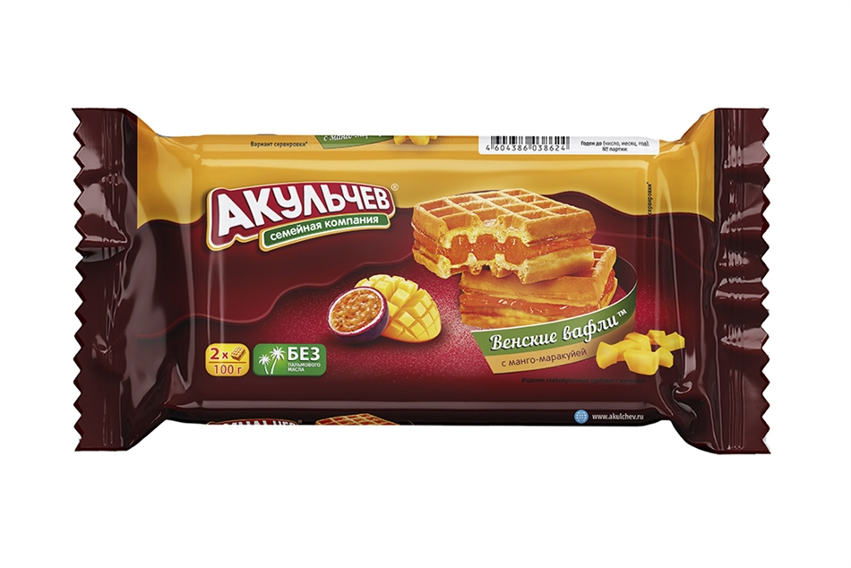 Вафли Акульчев Венские с манго и маракуйей 100г