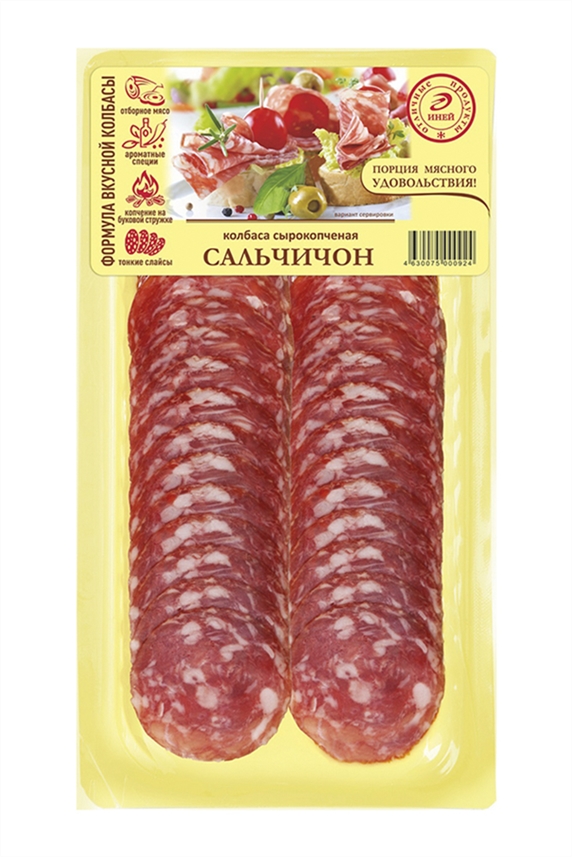 Колбаса Иней Сальчичон мясные изделия сырокопченая полусухая нарезка 80г