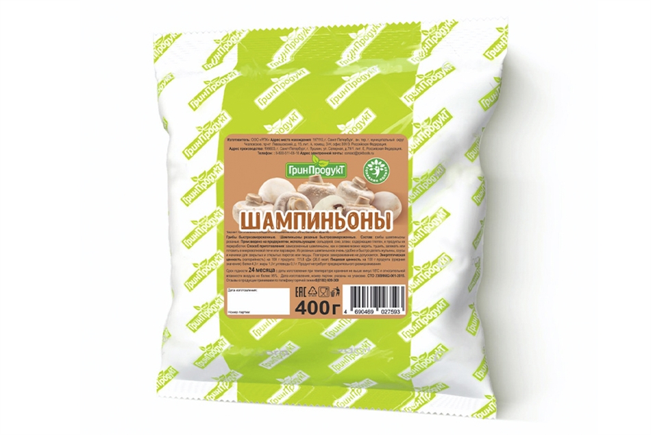 Шампиньоны Гринпродукт резаные быстрозамороженные 400г
