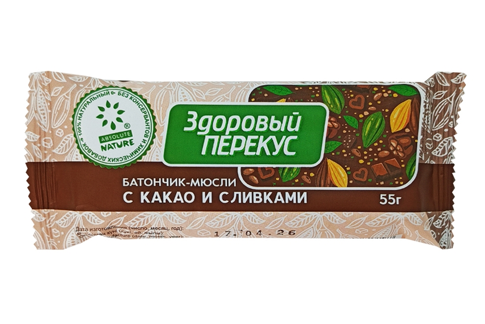Батончик-мюсли Здоровый Перекус с какао и сливками 55г