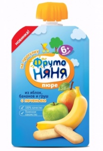 Пюре ФрутоНяня яблоко банан груша и печенье 90г