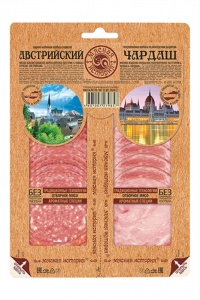 Сервелат Мясная история Австрийский варено-копченый / Чардаш полукопченый 90г микс