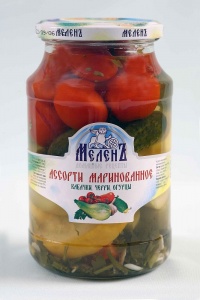 Ассорти Меленъ маринованное кабачки,черри ,огурцы  900г ст/б
